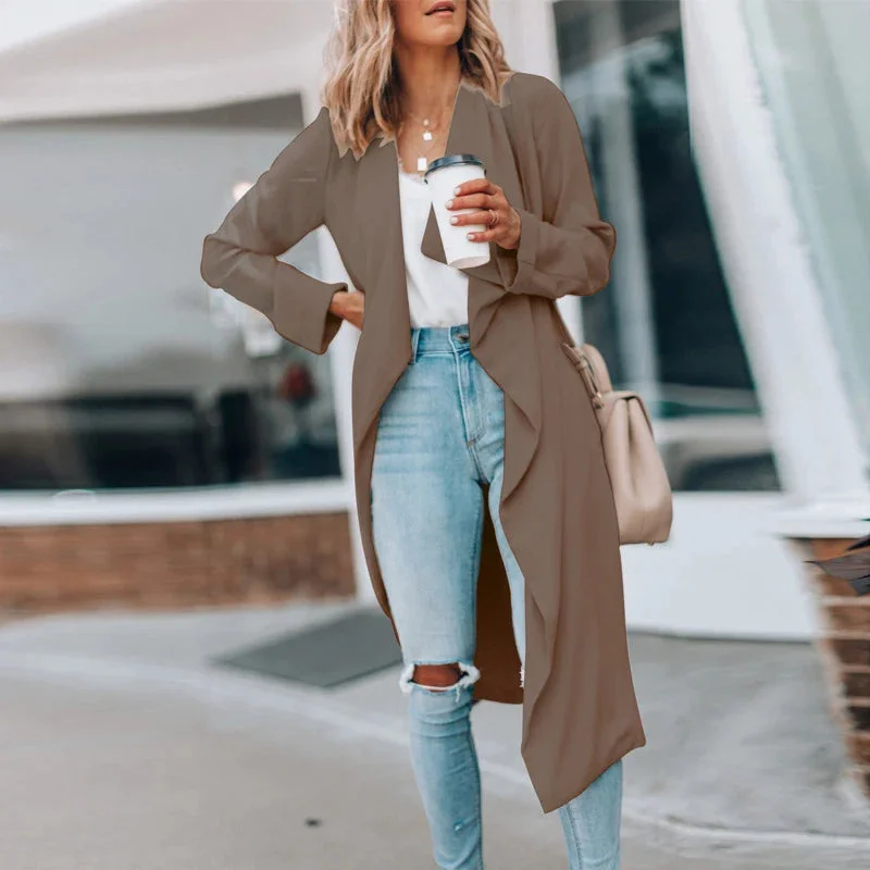 Women Elegant Turn-down Collar Office Cardigan Spring Solid Loose Long Tops Outerwear Coat