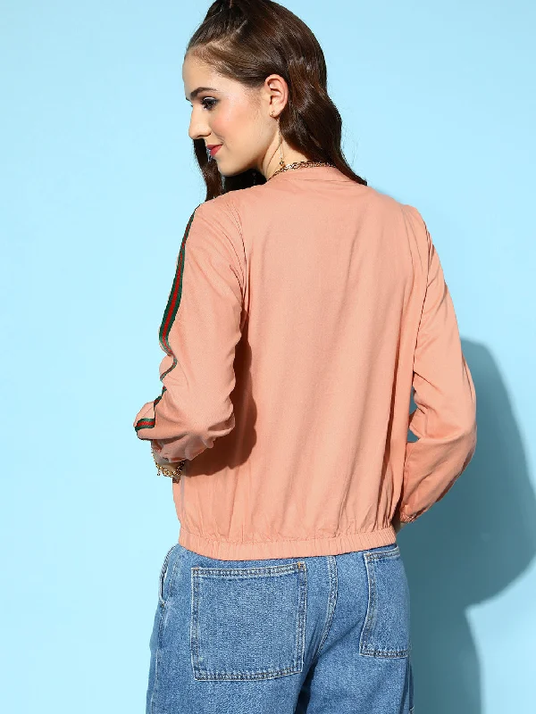 Women Pink Denim Bomber Sleeve Tape Jacket