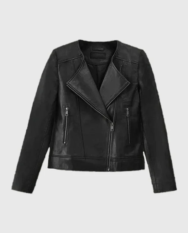 Women's Black Collarless Biker Leather Jacket