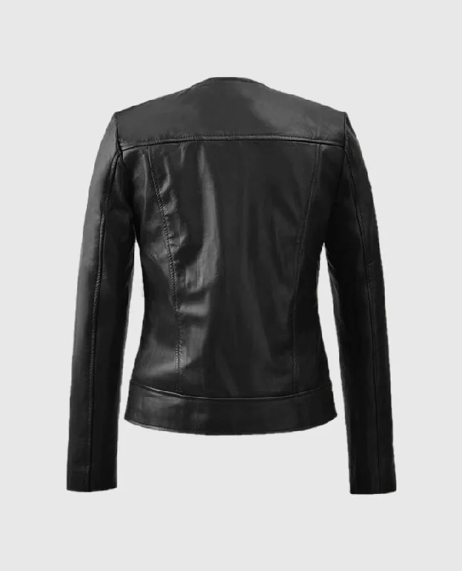 Women's Black Collarless Biker Leather Jacket