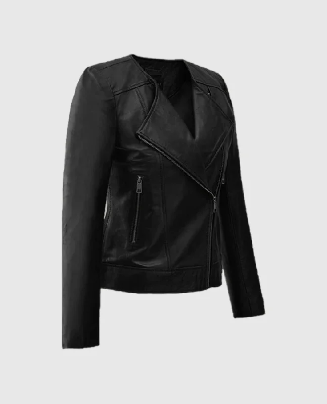 Women's Black Collarless Biker Leather Jacket