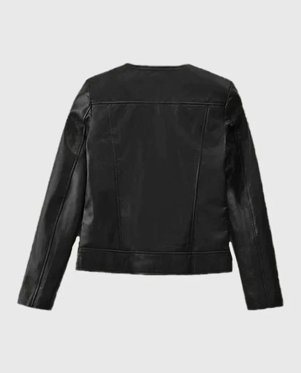 Women's Black Collarless Biker Leather Jacket