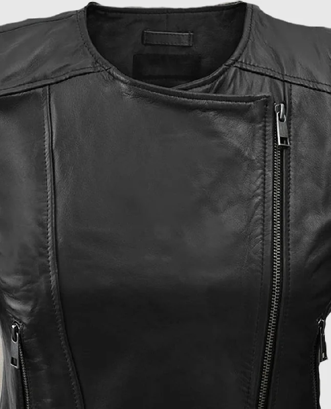 Women's Black Collarless Biker Leather Jacket