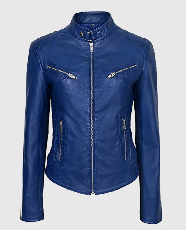 Women's Blue Basic Four Pocket Leather Jacket