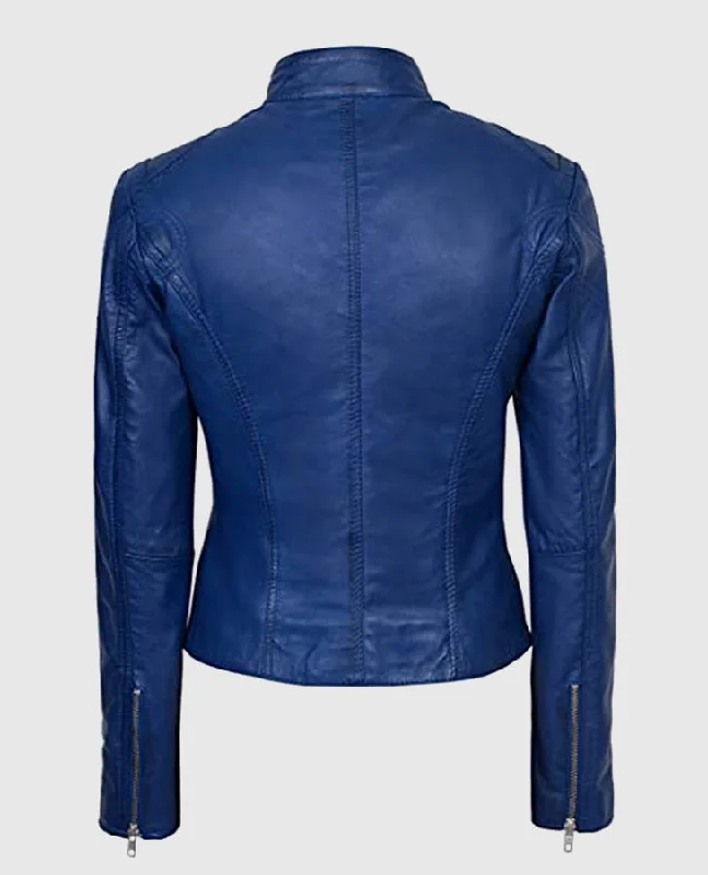 Women's Blue Basic Four Pocket Leather Jacket