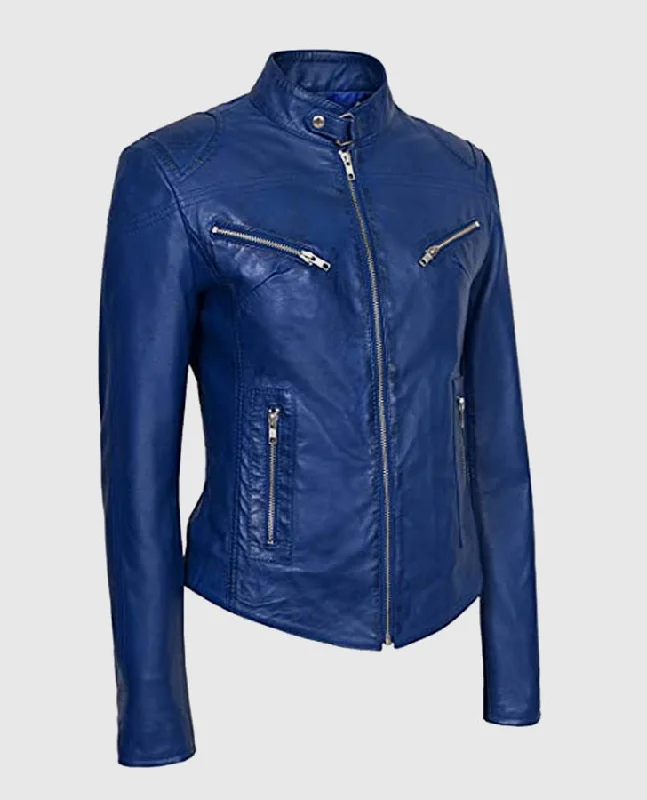 Women's Blue Basic Four Pocket Leather Jacket