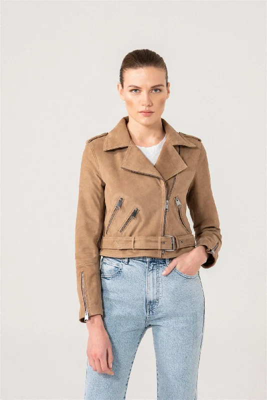 Womens Camel Suede Biker Leather Jacket