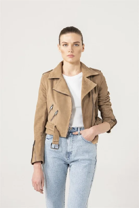 Womens Camel Suede Biker Leather Jacket