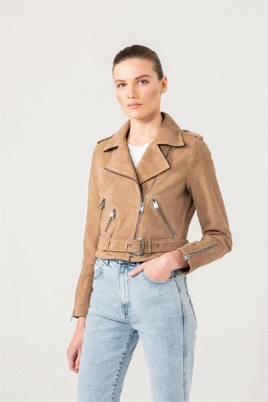 Womens Camel Suede Biker Leather Jacket