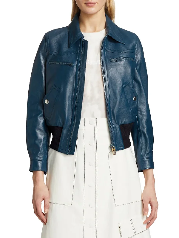 Womens Yale Blue Leather Bomber Jacket