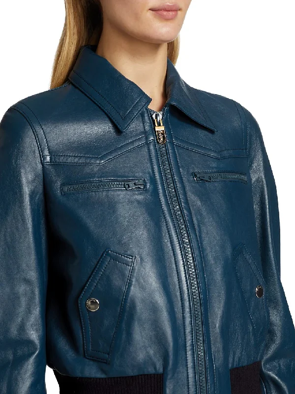 Womens Yale Blue Leather Bomber Jacket