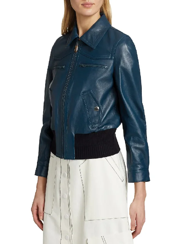 Womens Yale Blue Leather Bomber Jacket