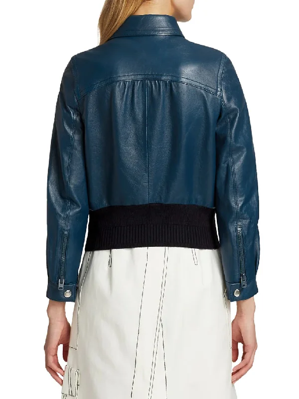 Womens Yale Blue Leather Bomber Jacket