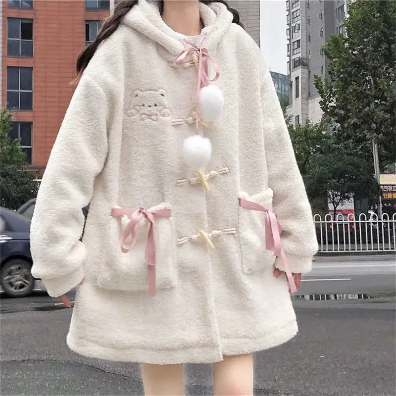 Znbbw Kawaii Wool Coat Women Loose Japanese Sweet Lolita Outwear Jacket Female Korean Style Pockets Warm Hoodies Overcoat 2024