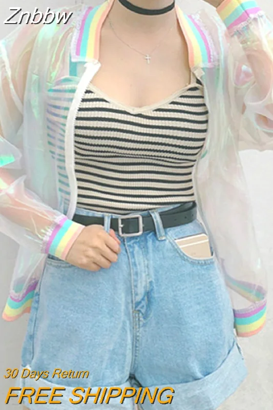 Znbbw Summer Women Jacket Laser Rainbow Symphony Hologram Women BasicCoat Clear Iridescent Transparent Bomber Jacket Sunproof