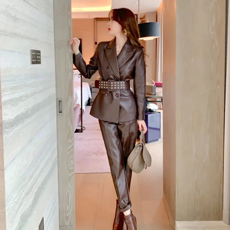 ZYHT 4575 Autumn New Belt Two Piece Leather Suit Street Wear Elegant PU Leather Women Two Pcs Pant Set