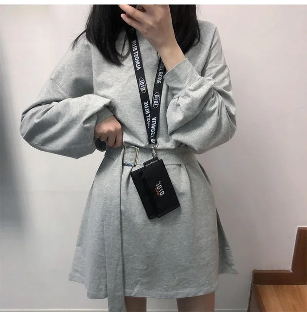 7 colors long sleeve dress women spring autumn korean style dress ladies solid color loose t shirt dress women with belt (X218)