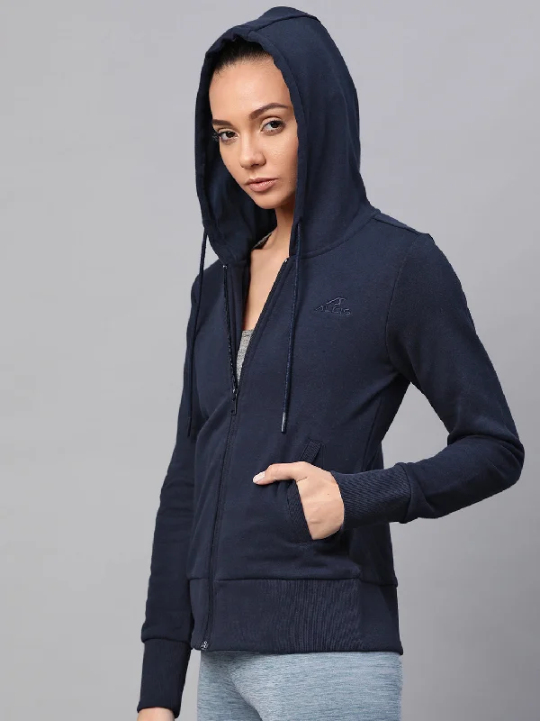 Alcis Women Navy Blue Solid Hooded Sweatshirt