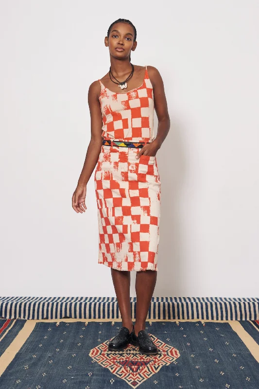 Check Tencel Twill Camel and Tomato Durban Midi Skirt