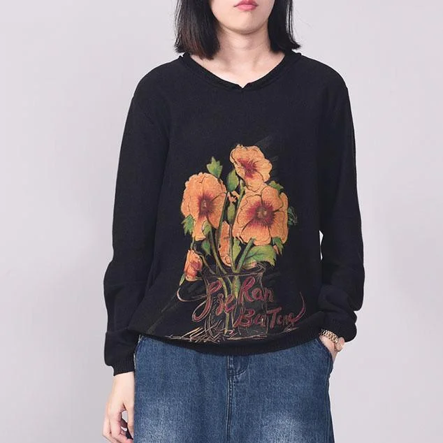 Chunky black v neck knitted top plus size prints sweaters fall