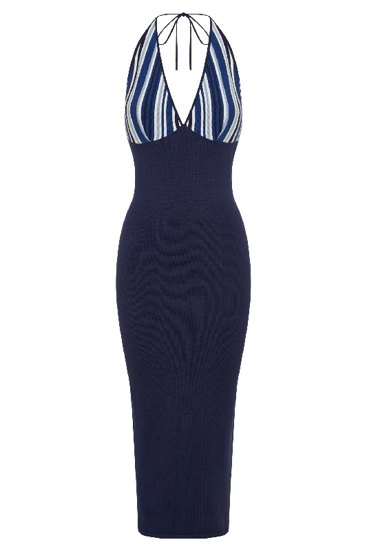 Dana Stripe Knit Halter Midi Dress - Powder Blue