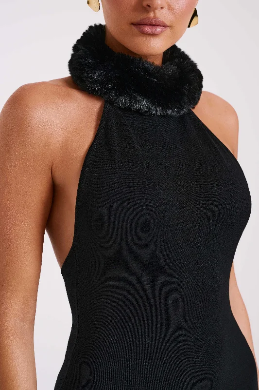 Elva Halter Knit Maxi Dress With Faux Fur - Black