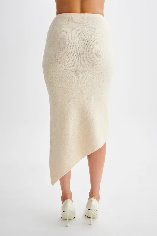 Genevieve Asymmetrical Knit Midi Skirt - Cream Marle