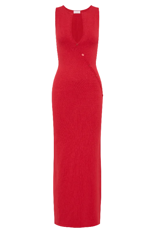 Marina Sleeveless Buttoned Knit Midi Dress - Pomegranate