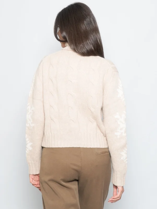 Maglia Collo Alto a Treccia con Strass Beige