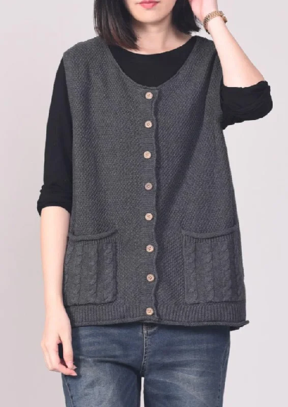 Oversized Sleeveless Dark Gray Knitwear Plus Size Clothing V Neck Knitted Top