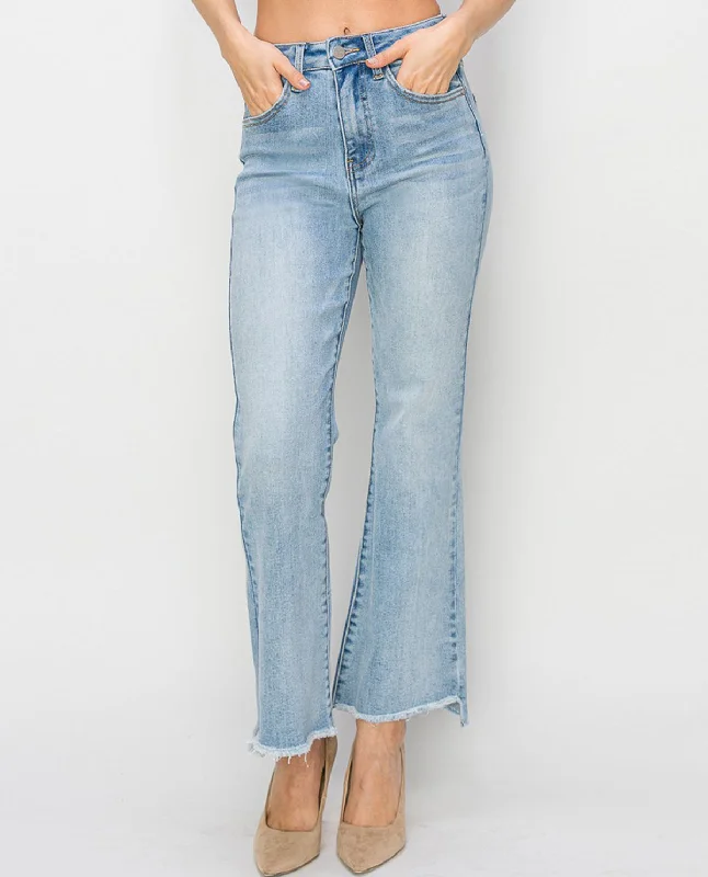 Risen High Rise Side Step Hem Crop Flare Jeans