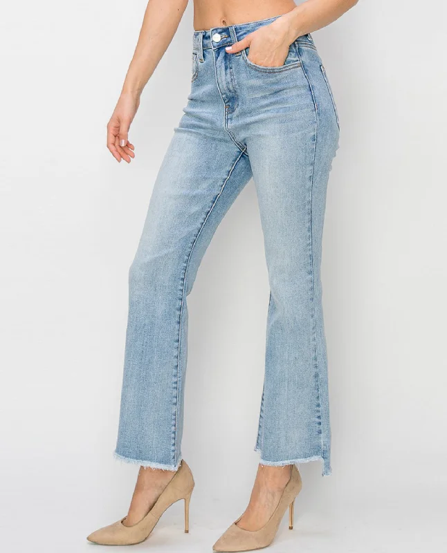 Risen High Rise Side Step Hem Crop Flare Jeans