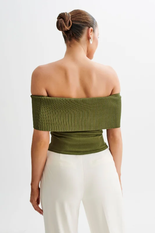 Susanna Off Shoulder Knit Top - Military Olive