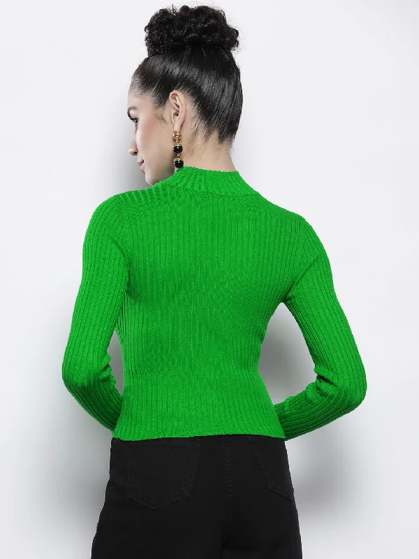 Women Green Rib High Neck Full Sleeves Sweater