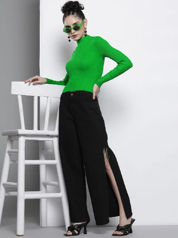 Women Green Rib High Neck Full Sleeves Sweater