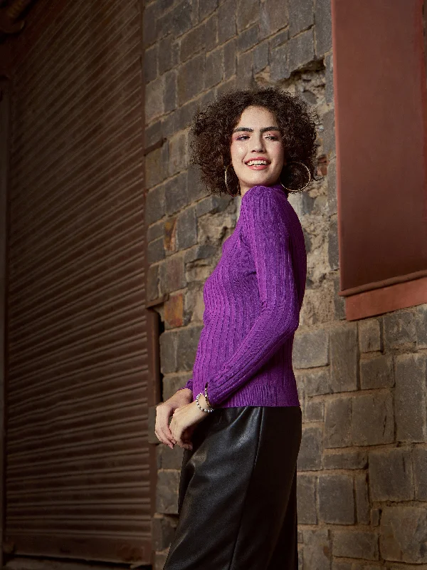 Women Purple Rib Full Sleeves High Neck Sweater