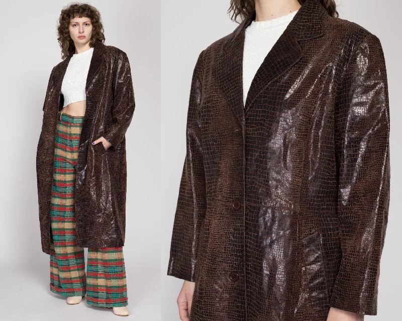 XL 90s Brown Snakeskin Embossed Leather Trench Coat