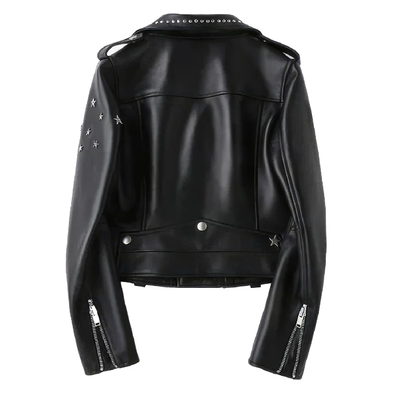 Women’s Black Biker Genuine Sheepskin Lapel Studded Collar Celebrity Style Sporty Café Racer Slim Fit Leather Jacket